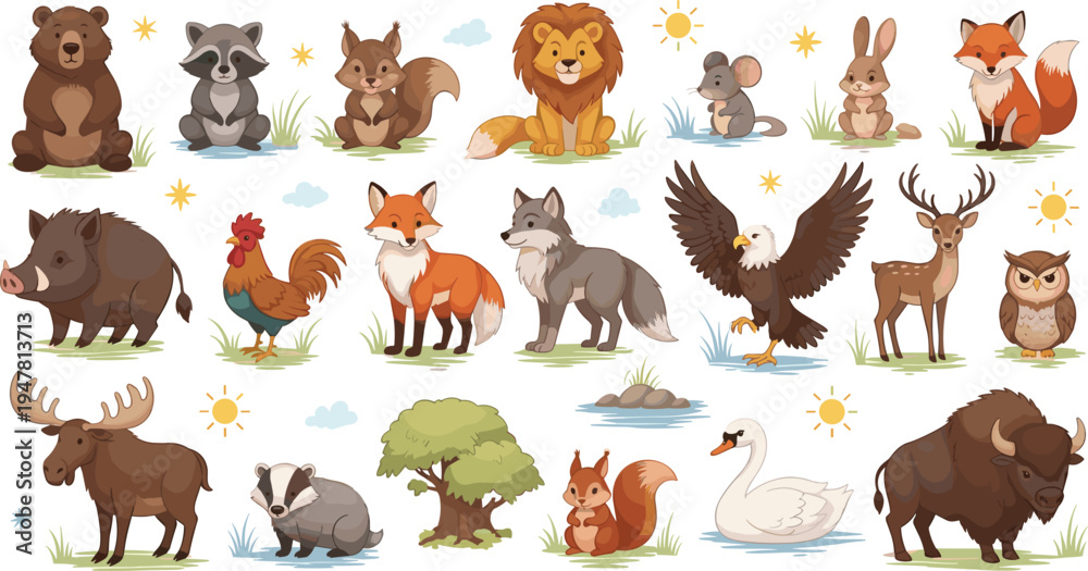 Fototapeta premium Cute Forest Wildlife Animals Cartoon Collection Bear Fox Deer Eagle Vector Illustration Set
