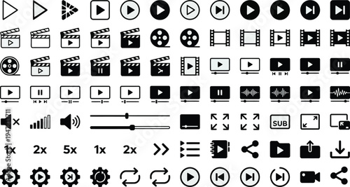 Media player control icon set, music, sound and cinema icon set, interface multimedia symbols video and audio, media player buttons, music speaker volume
