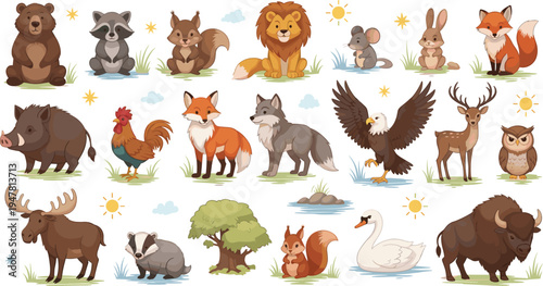 Cute Forest Wildlife Animals Cartoon Collection Bear Fox Deer Eagle Vector Illustration Set