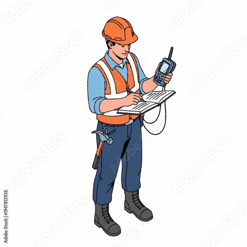 Construction worker with hard hat, vest, and radio taking notes.