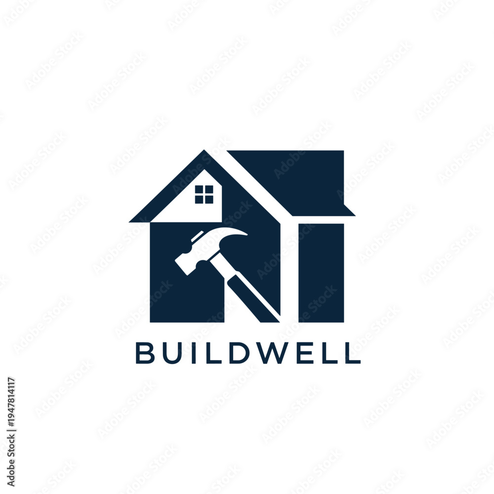 Naklejka premium Buildwell Home House and Hammer Construction Renovation Logo isolated white background