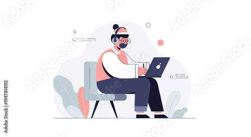 Person in headphones sits on chair, working on laptop with stylized plants