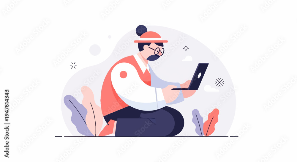 Obraz premium Person in hat and glasses on laptop surrounded by plants and abstract shapes