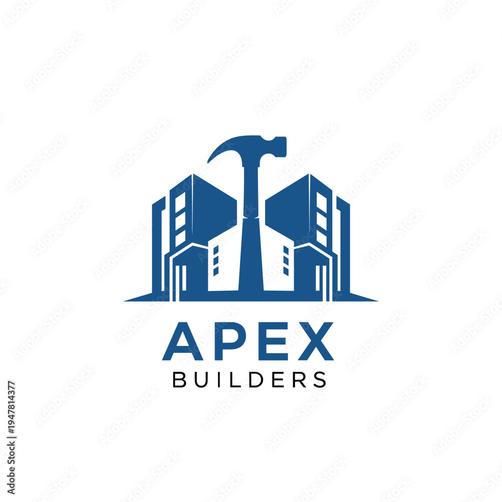 Fototapeta premium Apex Builders Hammer and Blue Buildings Construction Logo on Isolated White Background