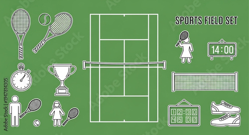 Tennis Court and Equipment Illustration on Green Background.