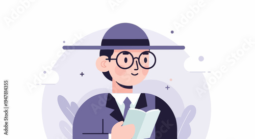 Person in hat and glasses reading a book with abstract background