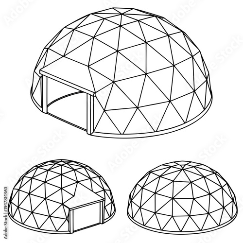 Vector illustration icons of geodesic dome structures in various stages of complexity on a white background