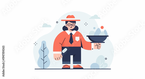 Person in hat and glasses serves food on a platter, surrounded by abstract shapes