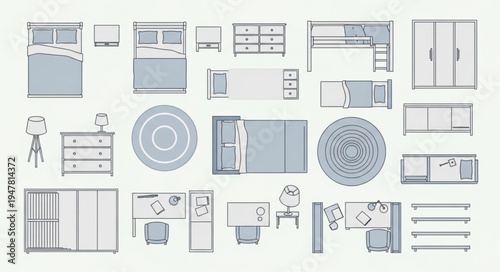 Overhead View of Bedroom Furniture and Decor Elements.