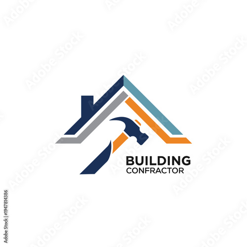 Building Contractor Hammer and Roof Outline Logo on Isolated White Background