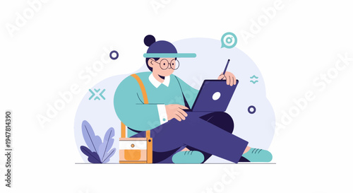 Person in hat and glasses sitting cross-legged with laptop and satchel