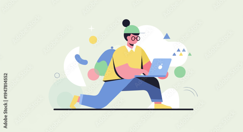 Obraz premium Person in motion using laptop amidst abstract shapes and circles