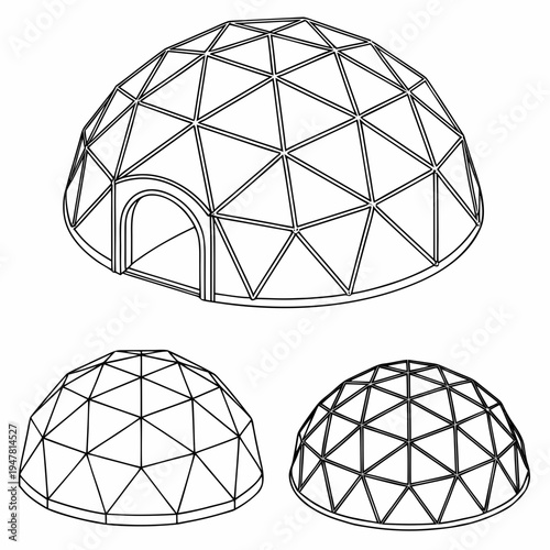 Vector illustration icons of geodesic dome structures in various stages of complexity on a white background