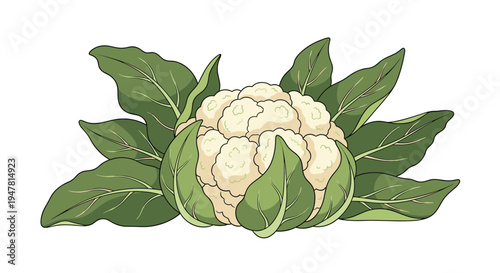 A detailed and realistic illustration of a fresh head of cauliflower with large green leaves surrounding the edible white florets.