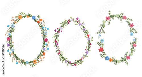A beautiful set of three watercolor-style floral wreaths with various colorful wildflowers and green leaves on delicate branches.