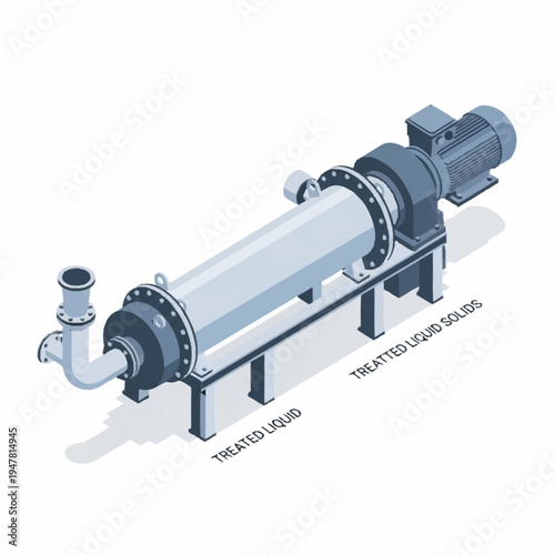 Isometric illustration of a horizontal decanter centrifuge used for separating solids from liquids in industrial processes.