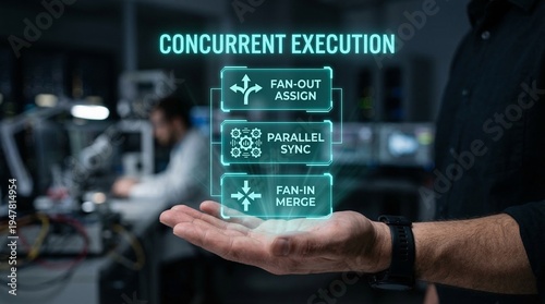Man showing concurrent execution concepts with hand in modern workspace setting