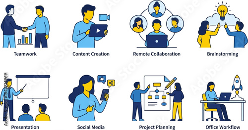 Business and Creative People Vector Illustration Set — Teamwork, Content Creation, Remote Collaboration, Social Media, Project Planning and Office Workflow