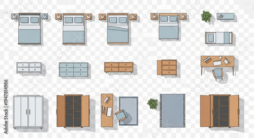 Top-Down View of Bedroom and Bathroom Furniture Set.