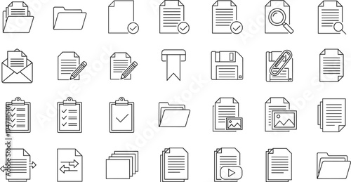 Black Line Document Icon Set for File Management, Office Paperwork, Checklist Organization, Digital Archiving, Multimedia Content, Business Reports, Data Storage, and.