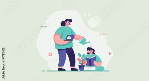 Person watering plant of knowledge for another person on laptop