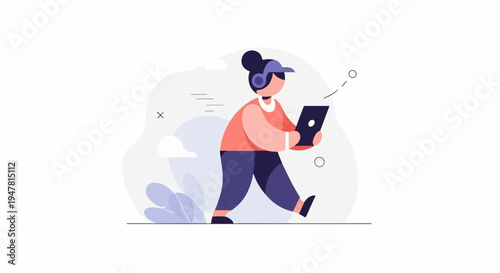 Person walking with headphones and holding a tablet device