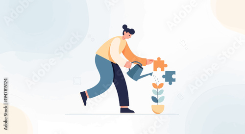 Person waters puzzle pieces on plant