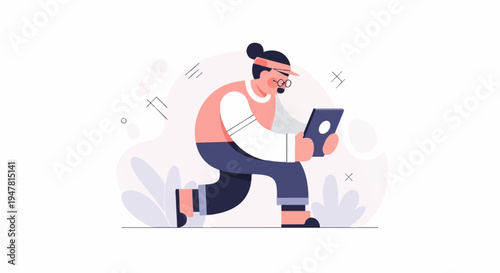 Person in sportswear using a digital tablet while in motion outdoors