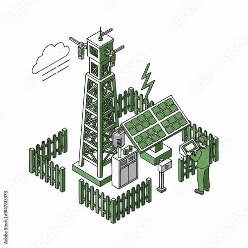 Isometric illustration of a weather station with tower, solar panel, and fence.