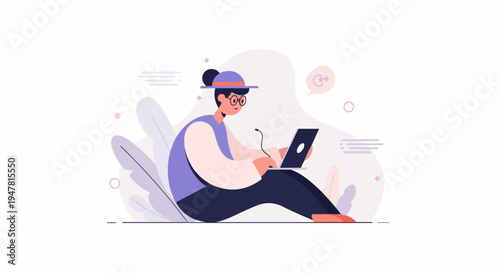 Person wearing a hat and glasses works on a laptop with plant motifs