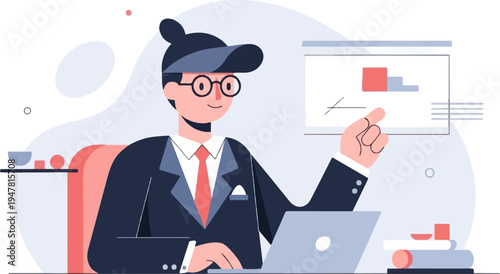 Person in suit and cap presenting data on a whiteboard, with laptop