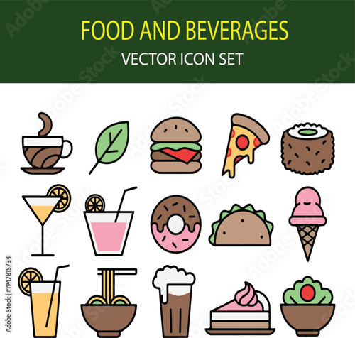 Food and Beverage Vector Icons Set with Coffee, Burger, Pizza, Sushi and Drinks