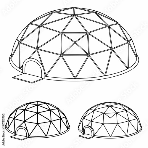 Vector illustration icons of geodesic dome structures in various stages of complexity on a white background