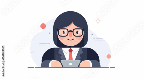 Person in suit and glasses smiles using a laptop