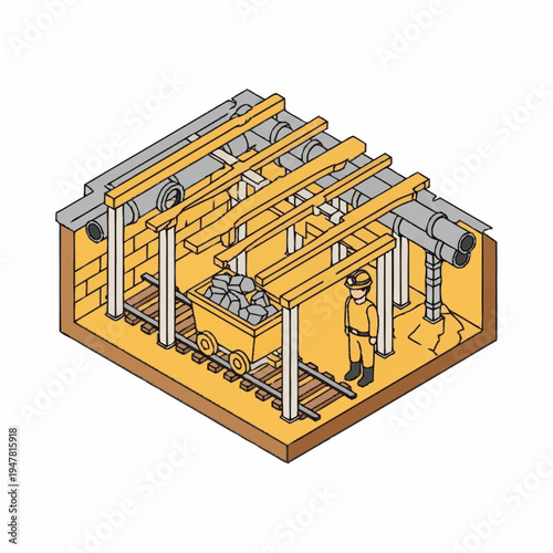 Isometric illustration of a coal mine with a miner and a cart filled with coal.