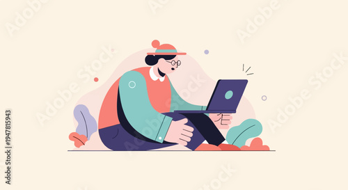 Person wearing glasses and a hat working on a laptop