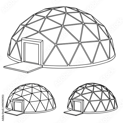 Vector illustration icons of geodesic dome structures in various stages of complexity on a white background