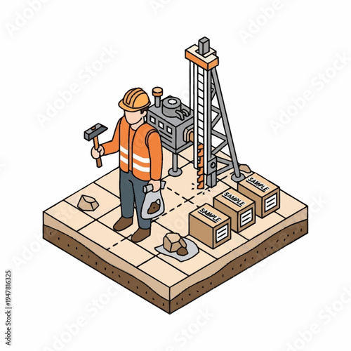 Isometric illustration of a construction worker taking soil samples.
