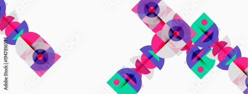 Abstract geometric shapes overlap, creating vibrant patterns. Purple, teal, pink hues dominate white background. Modern design elements present.