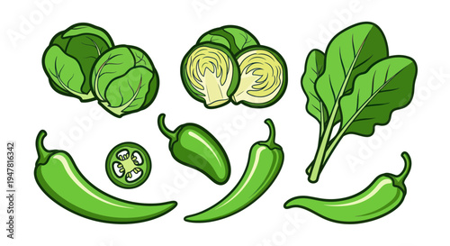Fresh Green Vegetables: Brussels Sprouts, Jalapenos, and Spinach