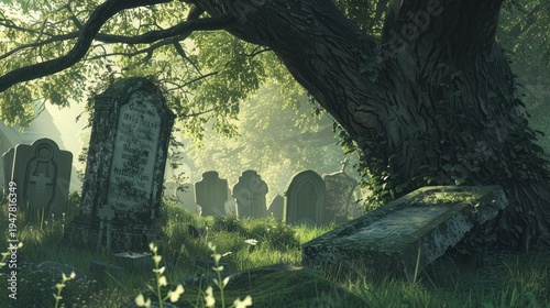 a mysterious old cemetery with weathered tombstones under large tree