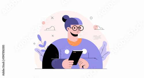 Person wearing glasses and purple shirt holding a mobile phone