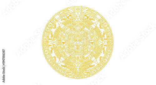 Ancient Aztec sun stone calendar, intricate golden design on white background, historical symbol