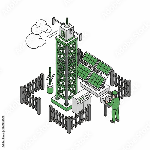 Isometric illustration of a solar-powered weather station with a technician.