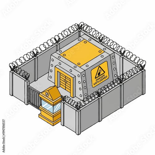 Isometric illustration of a fortified building with barbed wire and a danger sign.