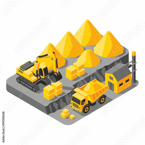 Isometric illustration of a quarry with excavator, dump truck, and piles of material.