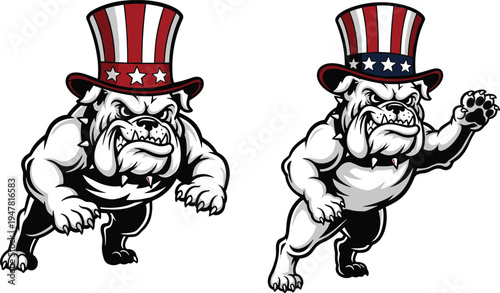 Patriotic American bulldog mascot wearing Uncle Sam hat, tough bulldog character design, US flag themed illustration for Fourth of July celebration