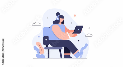 Person with headphones sits on a chair using a laptop, surrounded by decorative shapes