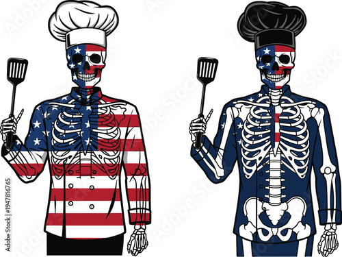 Patriotic American flag skeleton chef illustration with spatula, US flag skull cook character design, barbecue master bone vector for Independence Day celebration
