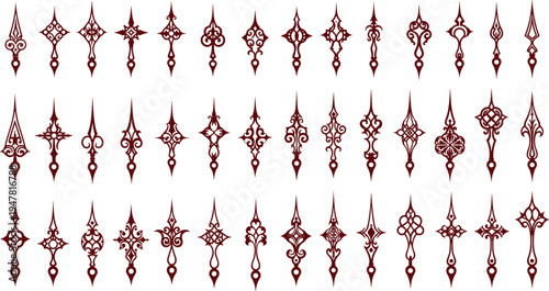 Large collection of vintage clock hands vector silhouettes, ornamental antique watch pointers set, decorative filigree arrow heads isolated on white background.